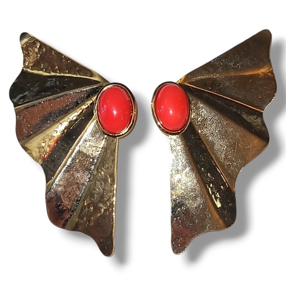 Estate Jewelry - Vintage‎ '80S Big Gold Tone Orange Cabochon Fan Wing Pierced Earrings